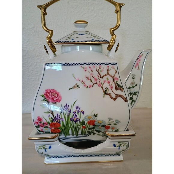 Vintage 1986FP Japan Fine China Teapot with Stand 3 Piece Floral Birds 11” - Picture 4 of 13